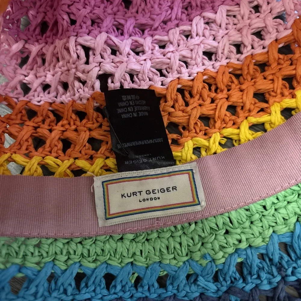 Kurt Geiger London Straw Bucket Hat Multicolor Crochet Scalloped Sun Hat